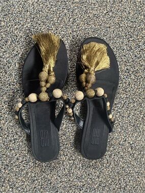 Italian Leather Black Sandals with Gold Tassel and Bead Detail